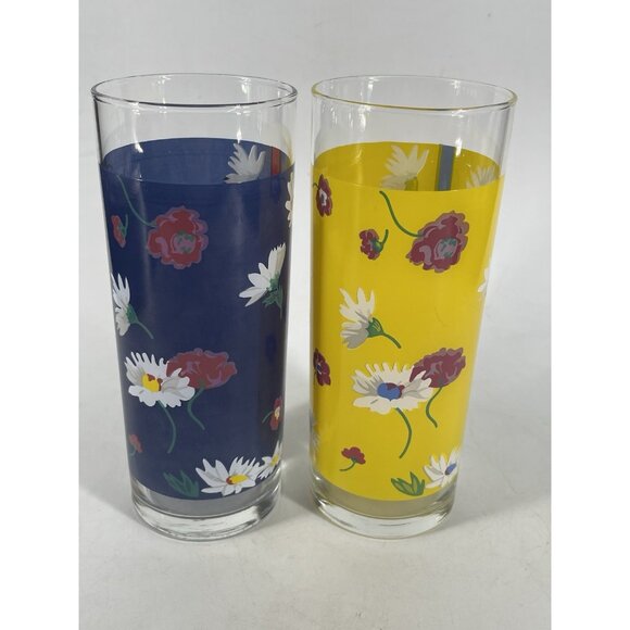 Ralph Lauren Vintage Set 2 Floral Tumblers 12oz Blue Yellow - Picture 1 of 11
